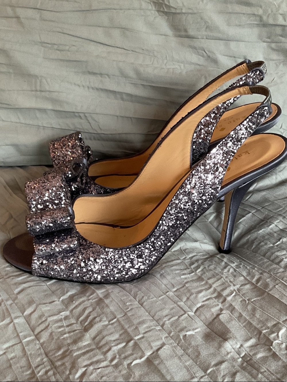 kate spade Silver Glitter Slingback Peep-Toe Heels with Bow